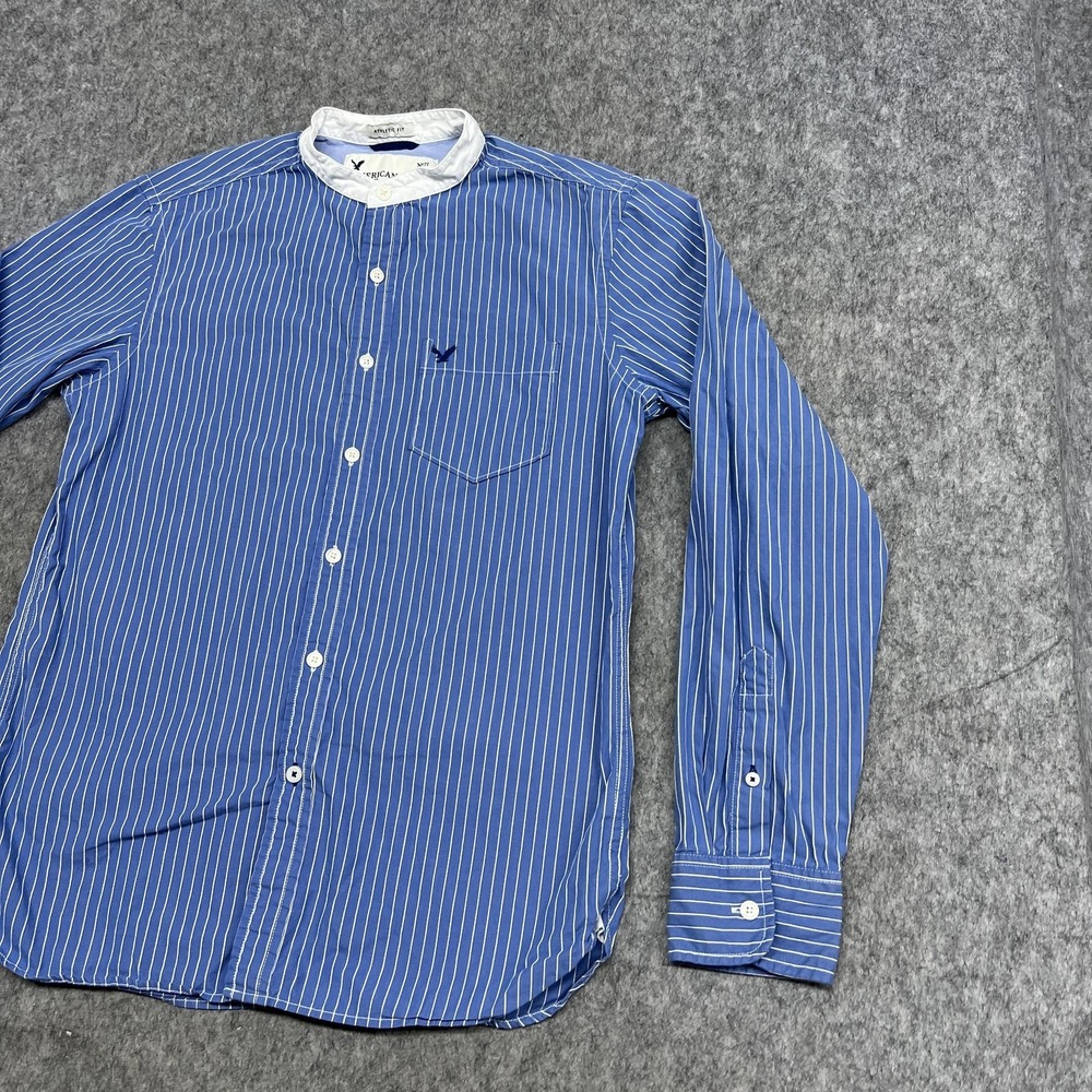 American Eagle Shirt Mens S Blue Stripe Long Sleeve Button Up Band Collar Preppy - Picture 7 of 16